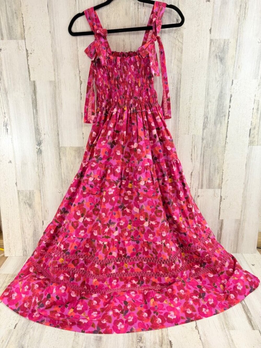Mi Golondrina Sz L Smocked Midi Dress Pink Floral Mexico - Picture 11 of 16